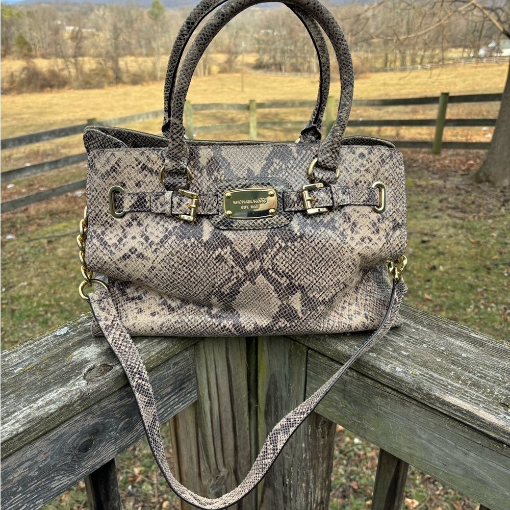 Michael Kors Gray and Tan Snake Print Satchel/Shoulder Bag